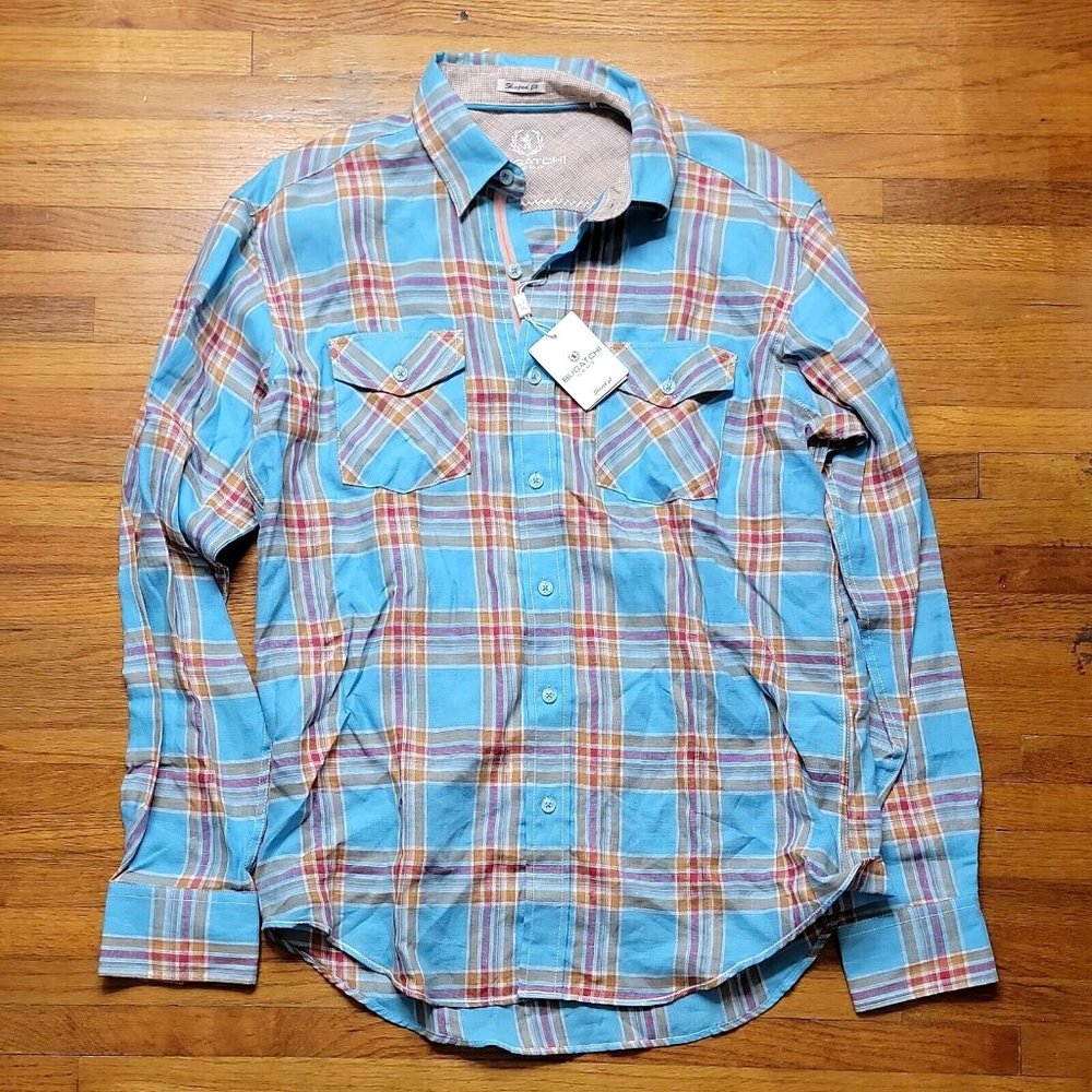 Bugatchi Uomo Buttoned Up Long Sleeve Shirt Shaped Fit Plaid Shirt Turqoise Sz M